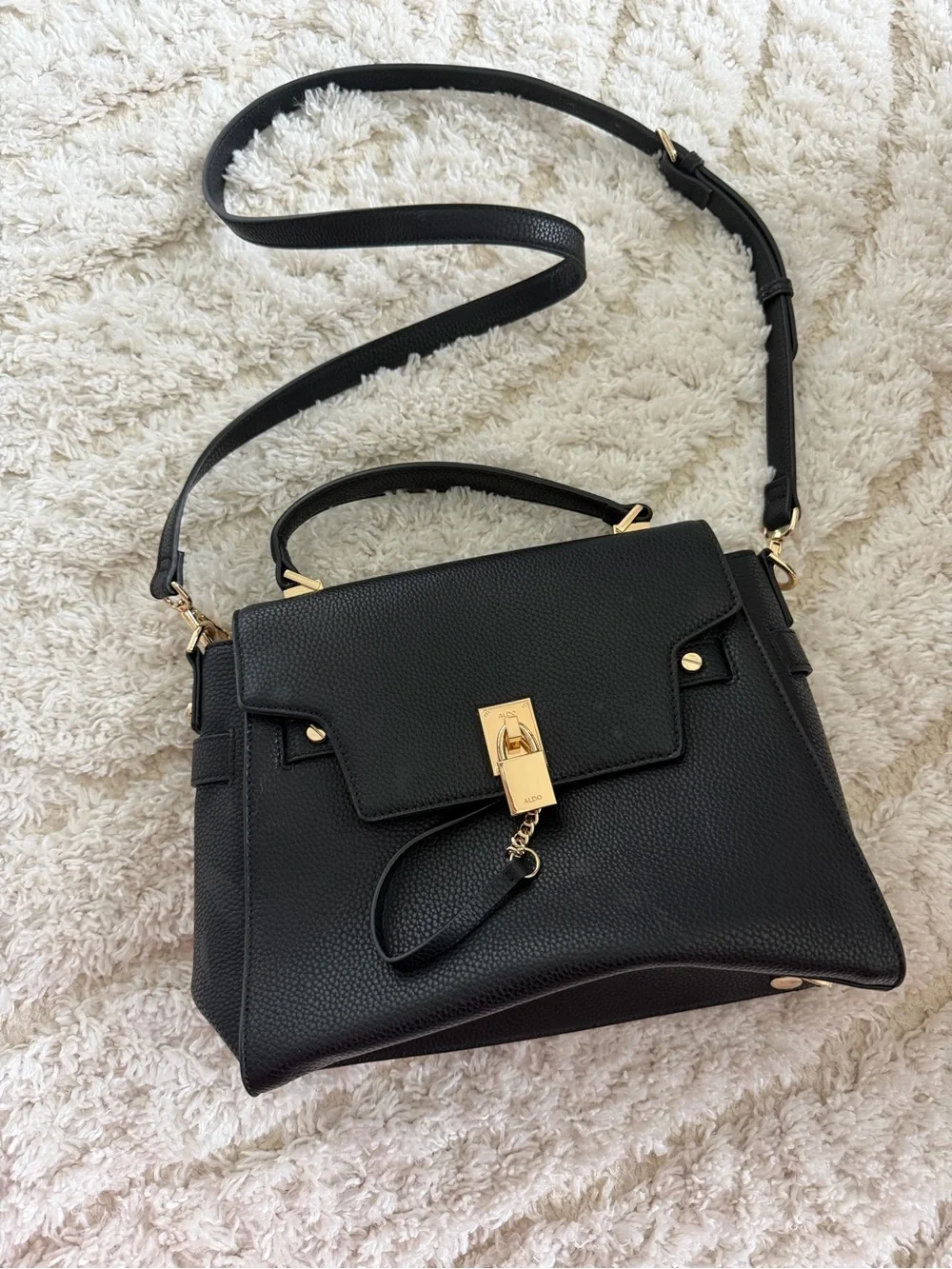 Aldo Black Pebbled Satchel with Gold Lock Detail